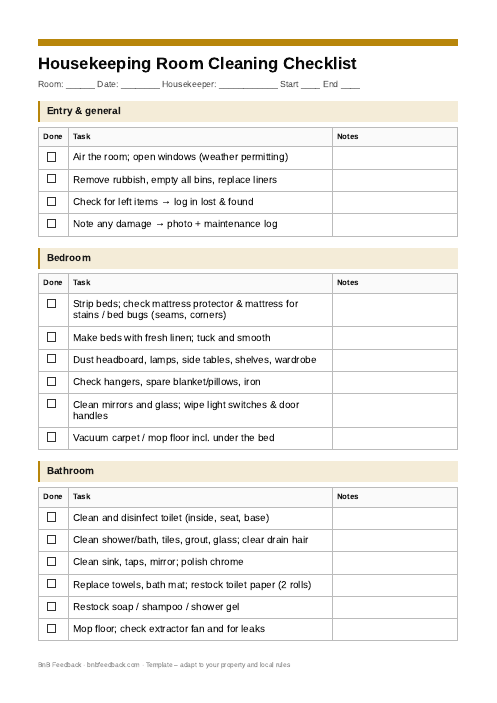 Preview: Housekeeping Room Cleaning Checklist